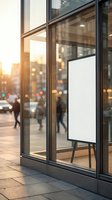 Blank white poster mockup in modern storefront window at sunset with blurred pedestrians and warm city lights creating atmospheric urban advertising space.