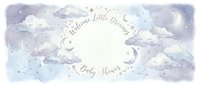Watercolor baby shower invitation with dreamy clouds, crescent moon and stars in soft purple and blue tones for welcoming little one celebration.