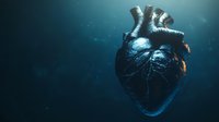 Anatomically accurate human heart floating in dark blue mystic atmosphere with light beams and particles, medical science concept for cardiology and healthcare.