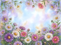 Watercolor floral border with purple, pink, and white daisies on a soft pastel blue background, perfect for cards and invitations.