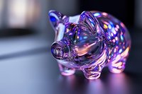 Glass piggy bank with iridescent rainbow colors and bokeh reflections catching light on smooth transparent surface creating magical prismatic effect.
