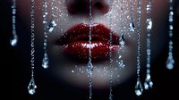 Sensual red lips with water drops and crystal decorations on dark background, dramatic close-up portrait showing only mouth area with sparkling elements.