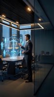 Professional businessman using holographic legal technology interface in modern office conference room with city skyline view at night.