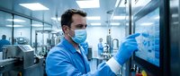 Male scientist in blue lab coat and mask examining sample in modern laboratory with advanced equipment and sterile environment for research.