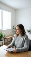 Young Caucasian businesswoman in gray sweater analyzing financial charts on tablet in modern office workspace with plants and natural light.