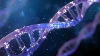 Glowing DNA helix structure in purple and blue colors against dark background with sparkles and particles, representing genetic research and biotechnology.