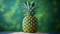 Fresh ripe pineapple with green crown on wooden surface against blurred natural background for healthy eating and tropical fruit concepts.