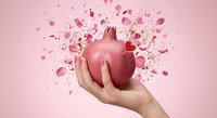 Hand holding red anatomical heart with pink petals and confetti explosion on pink background for medical education and Valentine's Day concepts.
