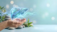 Hands cupped holding glowing blue energy waves with spa stones and green plants on soft bokeh background for wellness and healing concepts.
