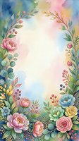 Watercolor floral frame with pastel peonies, roses, and berries on a soft gradient background, perfect for greeting cards and invitations.