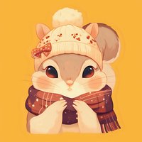 Adorable mouse character wearing winter knit hat with ears and cozy scarf on yellow background, cute kawaii style animal illustration for children design.
