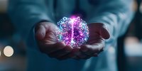 Glowing purple and blue sphere of connected dots and lines floating above cupped hands, representing digital transformation, artificial intelligence and network technology.