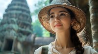 Young Asian woman tourist wearing straw hat and glasses exploring ancient temple ruins during cultural heritage travel adventure in tropical destination.