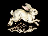 Cream-colored rabbit leaping over decorative foliage, isolated on transparent background. Ready for t-shirt designs, clipart, stickers, print-on-demand products, and sublimation projects.