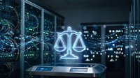Digital justice scales hologram floating above modern server room with glowing network connections and data streams for legal technology concepts.
