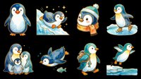 Cute penguin characters isolated on transparent background, ready for t-shirt design, clipart, stickers, sublimation and print-on-demand products.