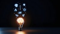Glowing light bulb with floating innovation icons above on dark background representing creative ideas, brainstorming and business solutions for presentations.
