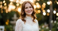 Young Caucasian woman with curly red hair smiling warmly in elegant white lace dress against soft bokeh lights background for wedding or celebration.