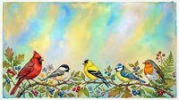 Colorful songbirds perched on flowering branches with foliage, featuring cardinal, finch, and bluebird species among berries and leaves in soft watercolor style.