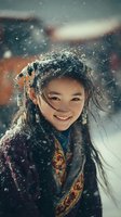 Young woman in traditional Asian clothing smiling during snowfall, with ornate hair decorations and embroidered garments. Perfect for cultural heritage projects.