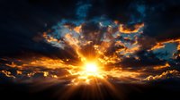 Dramatic golden sunburst breaks through dark storm clouds with vibrant sun rays piercing moody sky at sunset, creating atmospheric natural lighting effect.