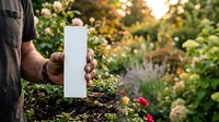 Gardener holding blank white paper roll in outdoor garden setting with flowering plants and green foliage, suitable for product mockups and marketing materials.