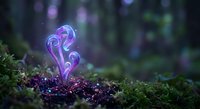 Glowing purple heart-shaped plant sprout emerging from sparkling soil in enchanted forest setting with magical bokeh lights and moss-covered ground.