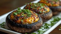 Grilled portobello mushroom caps stuffed with melted cheese and herbs, garnished with fresh parsley on white serving plate, close up view of gourmet appetizer.