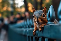 Curious eastern gray squirrel peering through decorative fence with bokeh background in warm autumn colors, close-up portrait showing expressive eyes and facial features.