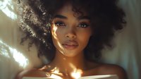 Young African American woman with natural curly afro hair in warm sunlight, glowing skin and serene expression captured in intimate portrait with soft bokeh effect.