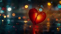Red heart on wet reflective surface with blurred bokeh lights creating romantic atmosphere. Raindrops and city lights create dreamy evening mood.