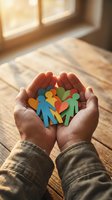 Hands holding colorful paper cutout figures representing diversity, inclusion and community support in warm sunlight on wooden floor.