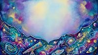 Abstract cosmic watercolor background with swirling galaxy patterns in purple, blue and gold tones for creative design projects and artistic compositions.