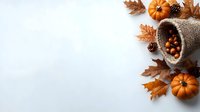 Autumn harvest composition with small pumpkins, pine cones, and hazelnuts spilling from burlap sack on white background. Perfect for seasonal marketing.
