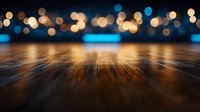 Wooden floor perspective with blurred bokeh lights background creating warm atmospheric depth for product display and commercial presentations.