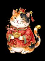 Maneki-neko lucky cat wearing traditional red robe with gold accents, holding coin, isolated on transparent background. Ready for t-shirts, stickers, clipart, print-on-demand, and sublimation designs.
