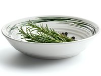 Fresh rosemary sprigs and peppercorns in white ceramic bowl with water ripples, isolated on white background for culinary and food photography.