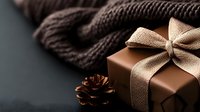 Brown gift box with beige ribbon bow and pine cone on dark background, elegant holiday present composition with knitted textile, moody festive setup.