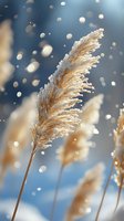 Frost-covered pampas grass plume against blue winter sky with falling snow and bokeh light effects, creating magical seasonal atmosphere.