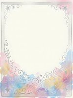 Elegant pastel watercolor frame with silver swirls and stars, soft rainbow hues at the bottom, cream center for text or design use.