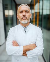 Middle-aged Caucasian male medical professional with gray hair and beard wearing white uniform standing with arms crossed in modern hospital corridor.