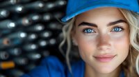 Young Caucasian woman with bright blue eyes and blonde hair wearing blue baseball cap and matching uniform smiles warmly at camera against blurred background.