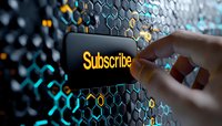 Finger pointing at glowing yellow subscribe button against hexagonal technology background with blue and orange light effects, modern digital marketing concept.