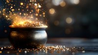 Magical glowing cauldron with sparkling golden lights and bokeh effects against dark background, mystical atmosphere for fantasy designs and holiday concepts.