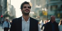 Young Caucasian businessman smiling confidently while walking on busy urban street during golden hour, dressed in black suit with white shirt.