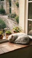 Gray cat sleeping peacefully on sunny windowsill with potted flowers in rustic stone courtyard garden setting for home and lifestyle content.