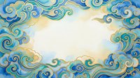Watercolor Chinese cloud frame in blue and gold tones with empty center space for text, traditional Asian ornamental border design.