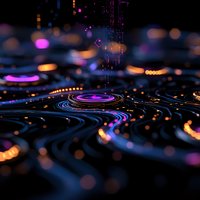Futuristic glowing circles and lines creating dynamic pattern with purple and orange light effects on dark background, abstract technology concept.