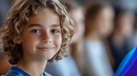 Young boy with curly blonde hair and blue eyes smiling at camera in casual setting. Suitable for family, education, lifestyle and advertising campaigns.