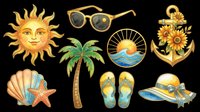 Summer clipart set with sun, sunglasses, palm tree, anchor, seashell, starfish, flip flops, and hat, isolated on transparent background, ready for stickers and t-shirt design.